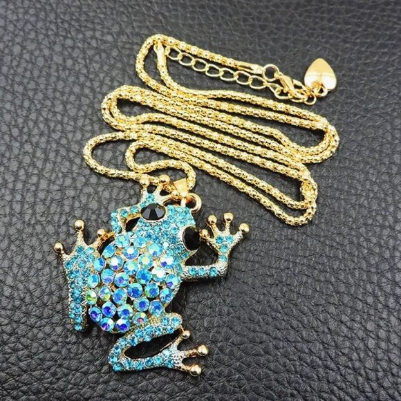 Betsey Johnson Necklace Blue Iridescent Crystal Frog Pendant Gold Tone - Picture 1 of 2